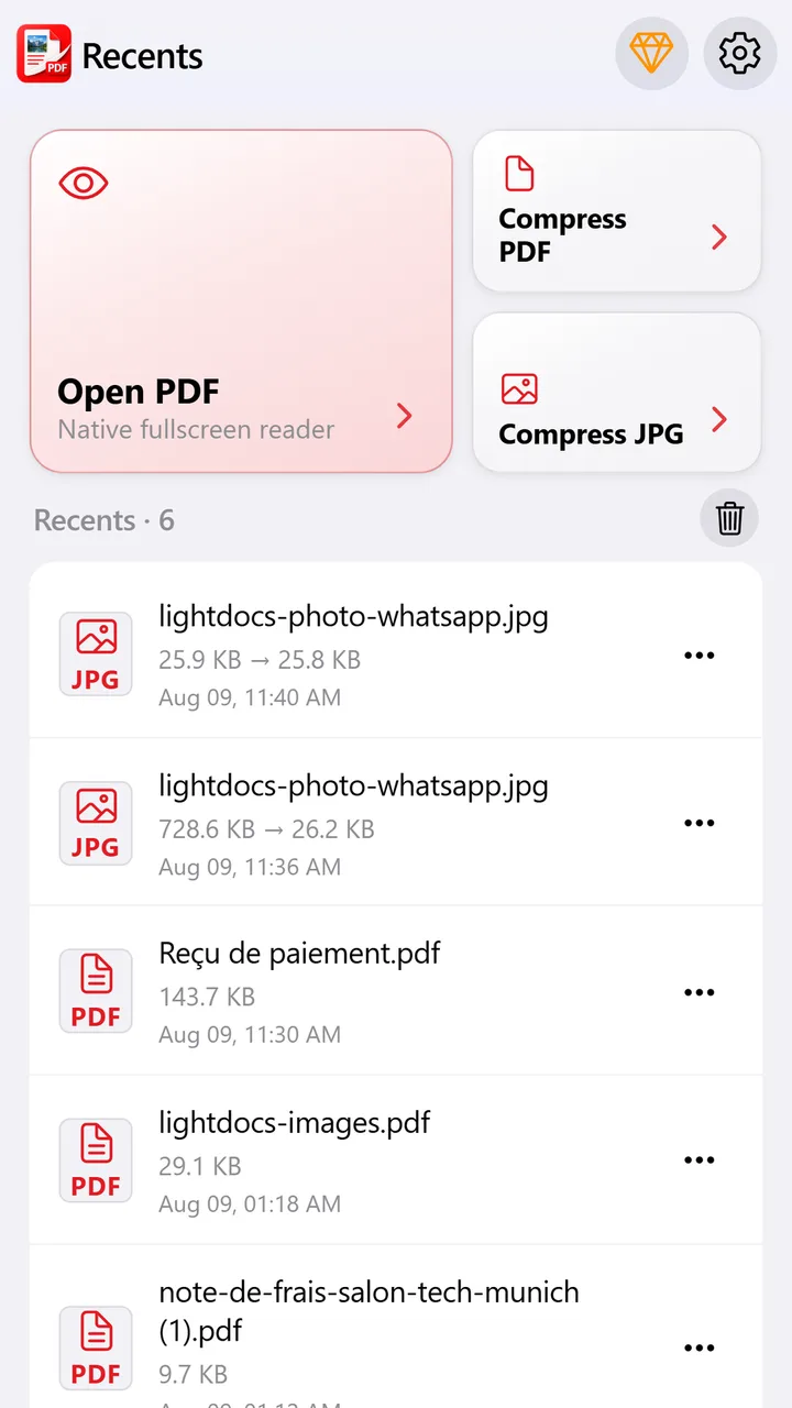 Écran Récents de LightDocs